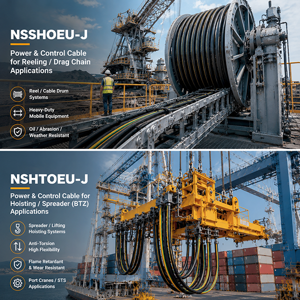 NSSHOEU-J vs NSHTOEU-J Cable: الاختلافات والتطبيقات الرئيسية في رافعات الموانئ وأنظمة الموزعة ومعدات اللف