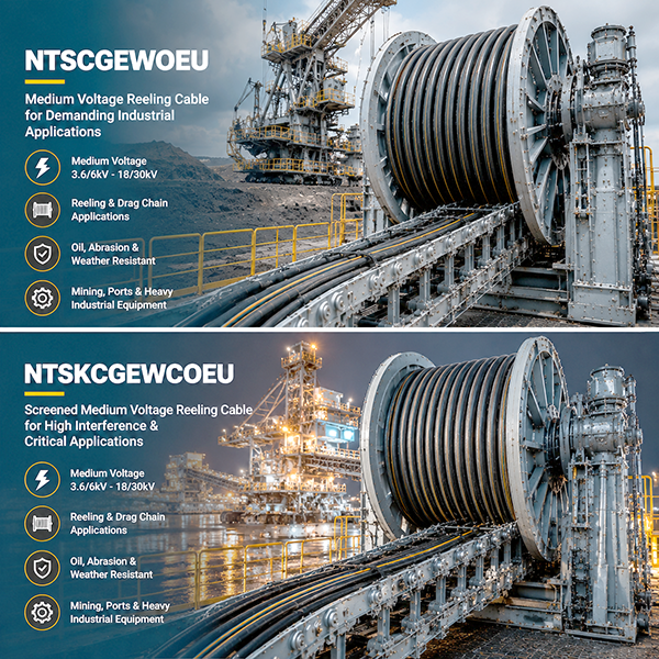 NTSCGEWOEU vs NTSKCGEWCOEU Cable: كابلات تترنح متوسطة الجهد للتعدين ورافعات الموانئ وأنظمة الطبول الثقيلة