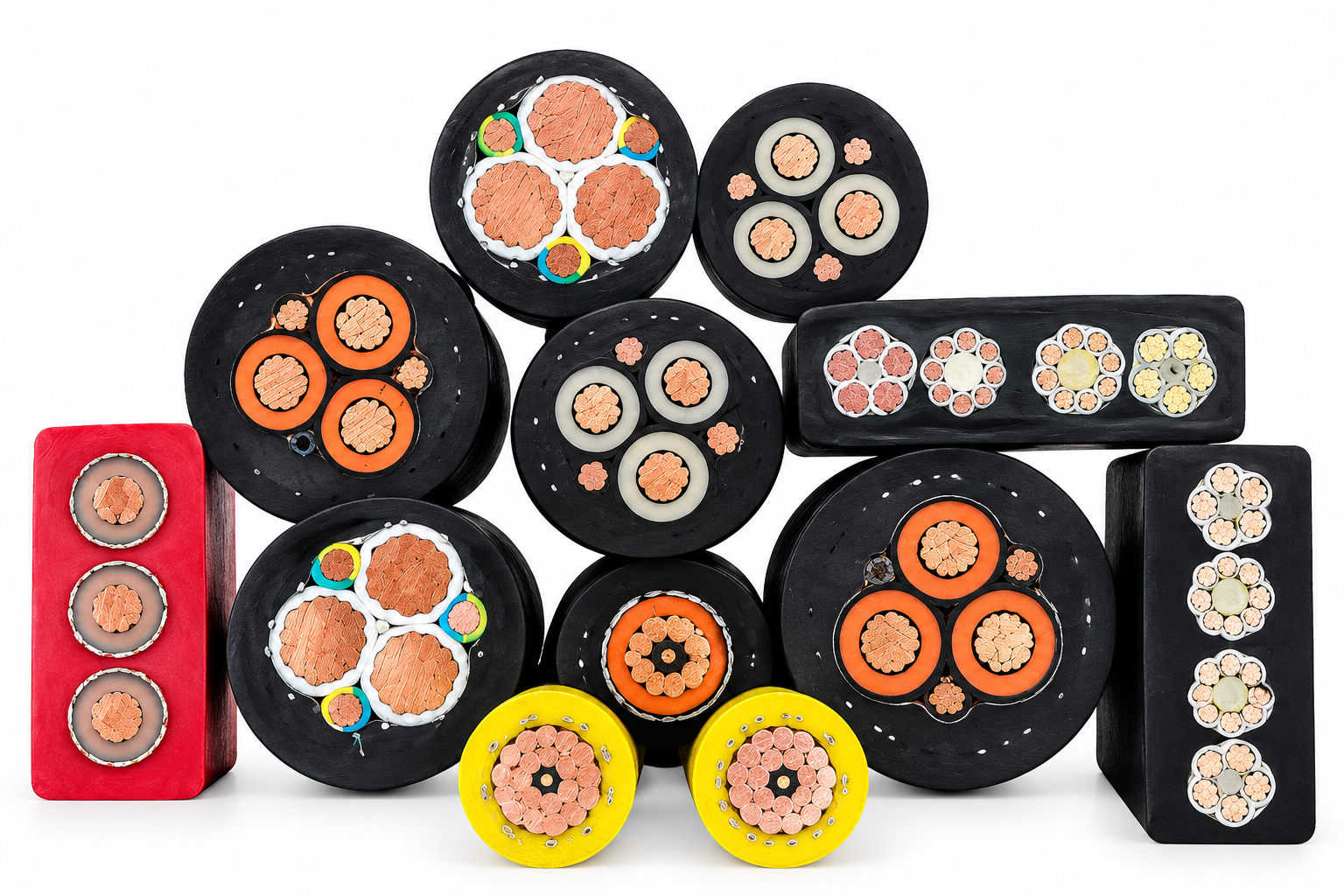Industrial flexible cable cross-sections showing different conductor and core constructions المقاطع العرضية للكابلات المرنة الصناعية توضح الموصلات المختلفة والإنشاءات الأساسية